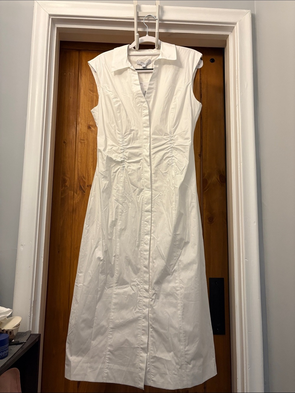 Derek Lam 10 Crosby Poplin Runched Midi Sleeveless Shirtdress Soft white SZ 8